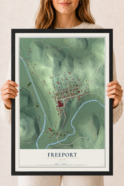 Map of Freeport, Ohio, 18 x 24 inch print in a black wood frame