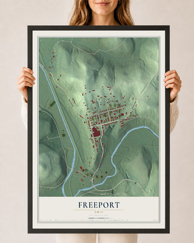 Map of Freeport, Ohio, 24 x 36 inch print in a black wood frame