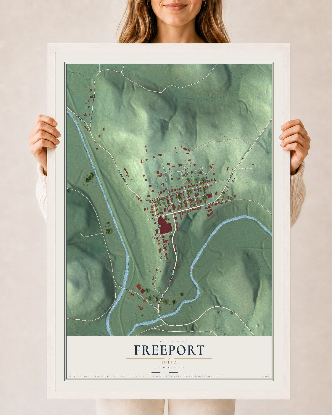 Map of Freeport, Ohio, 24 x 36 inch print in a white wood frame