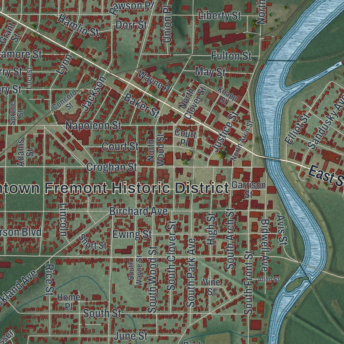 Close-up of the map of Fremont, Ohio print showing street and building detail