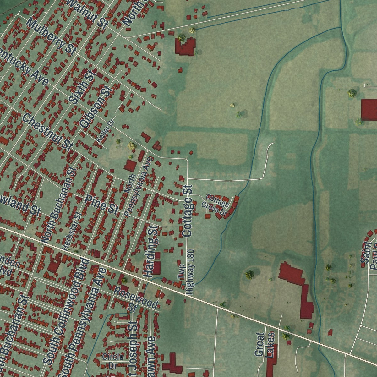 Second close-up of the map of Fremont, Ohio print showing more streets and buildings