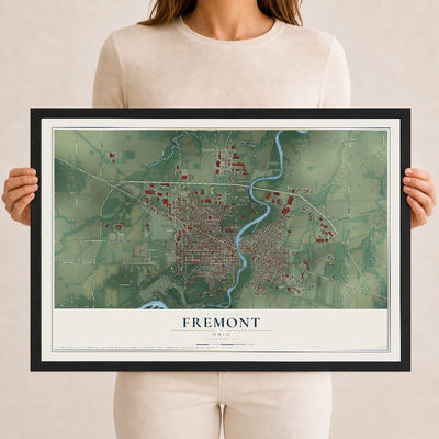 Map of Fremont, Ohio, 12 x 18 inch print in a black wood frame