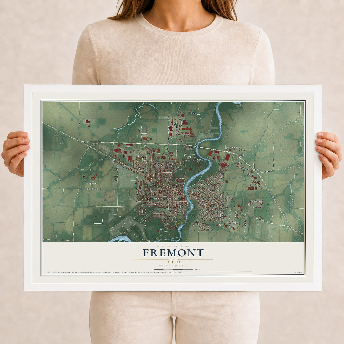 Map of Fremont, Ohio, 12 x 18 inch print in a white wood frame