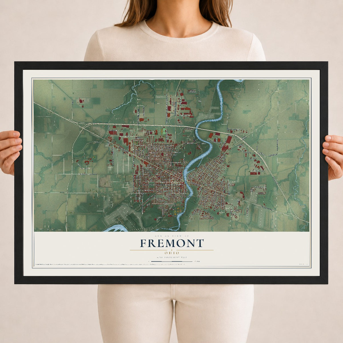 Map of Fremont, Ohio, 18 x 24 inch print in a black wood frame