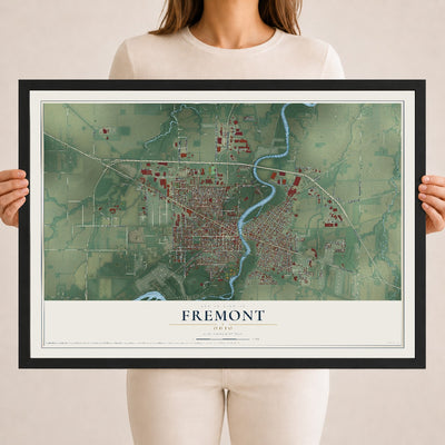 Map of Fremont, Ohio, 18 x 24 inch print in a black wood frame