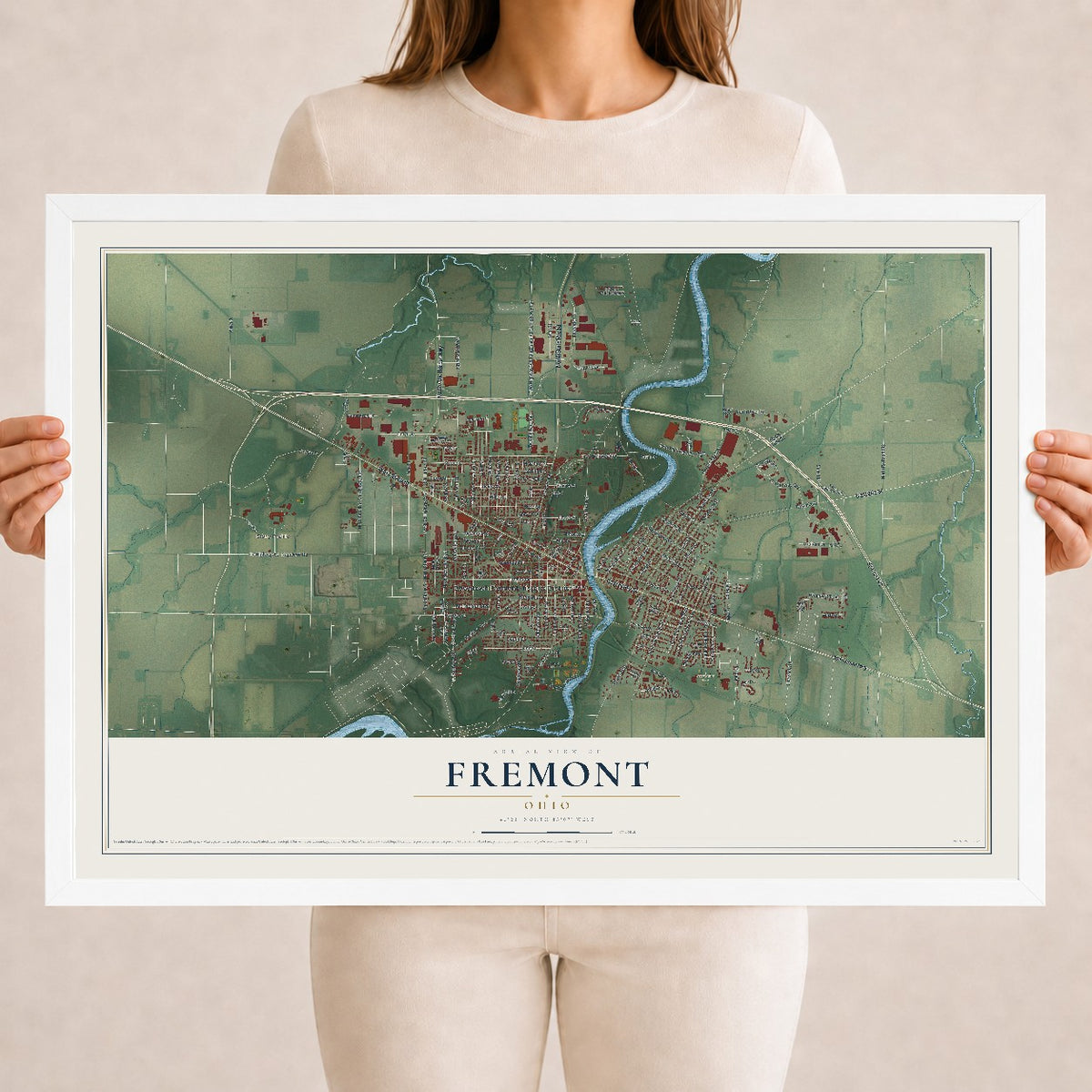 Map of Fremont, Ohio, 18 x 24 inch print in a white wood frame