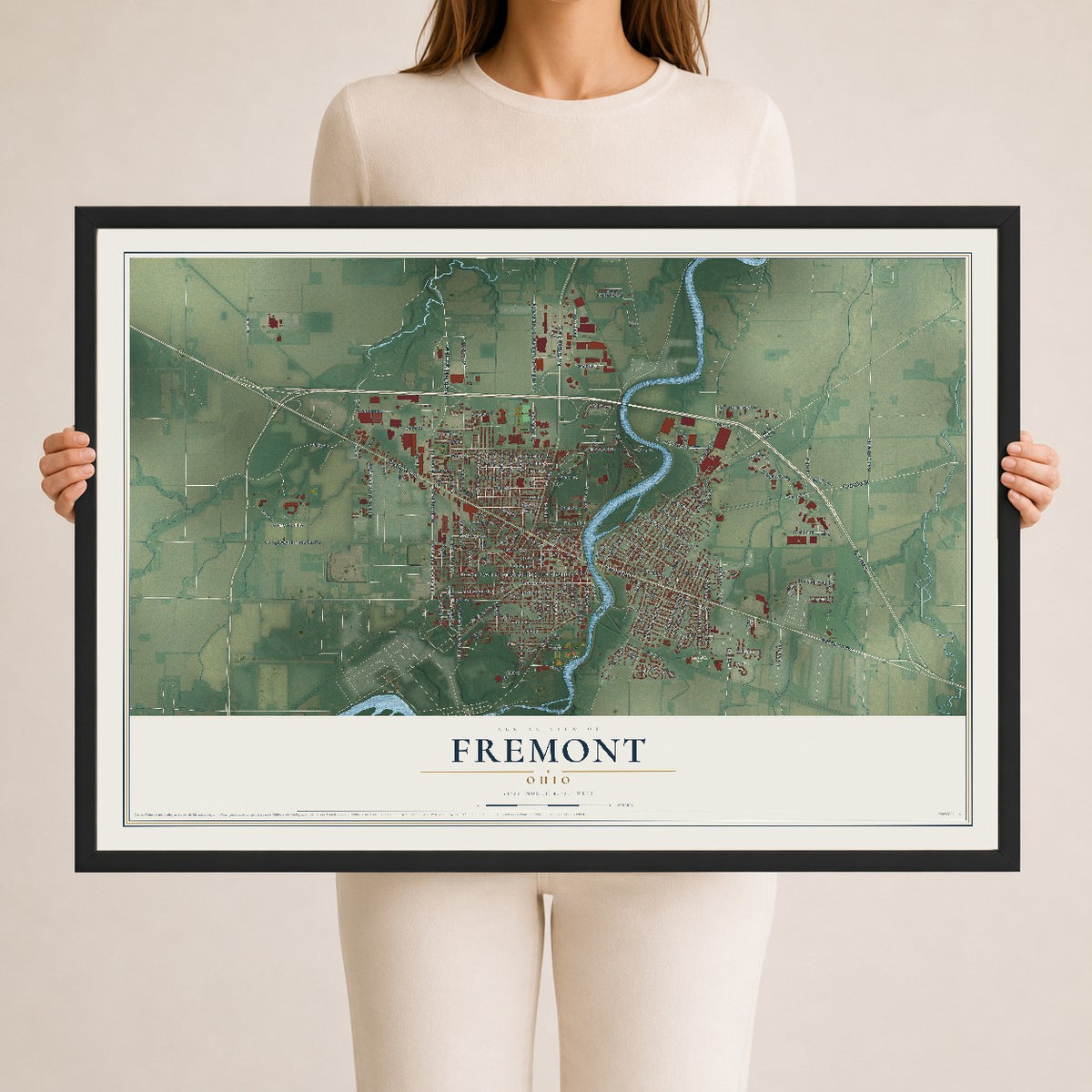 Map of Fremont, Ohio, 24 x 36 inch print in a black wood frame