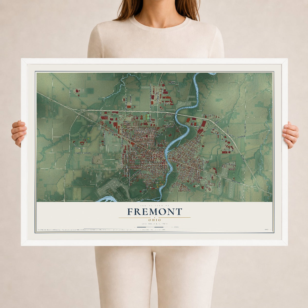 Map of Fremont, Ohio, 24 x 36 inch print in a white wood frame