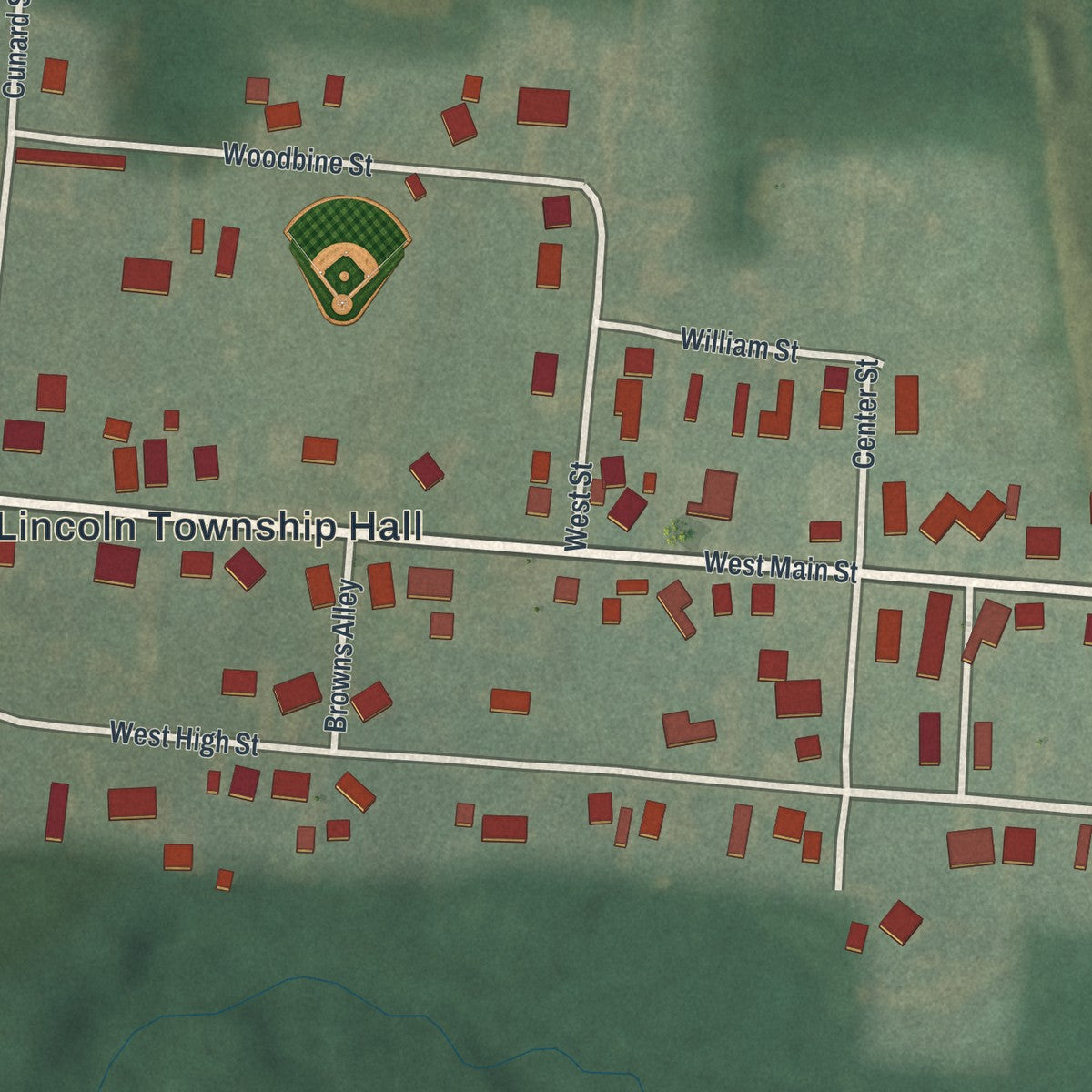 Close-up of the map of Fulton, Ohio print showing street and building detail