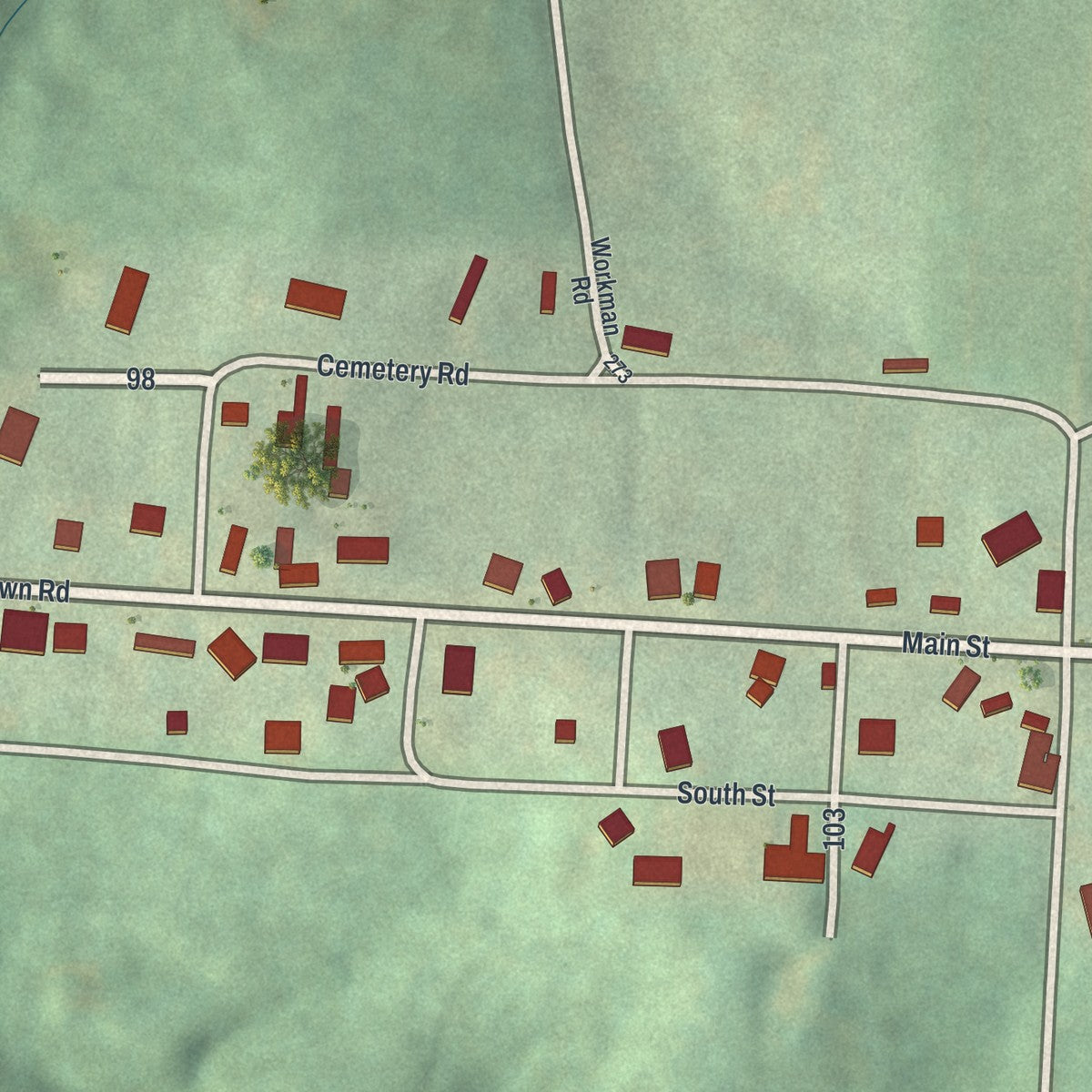 Close-up of the map of Fultonham, Ohio print showing street and building detail