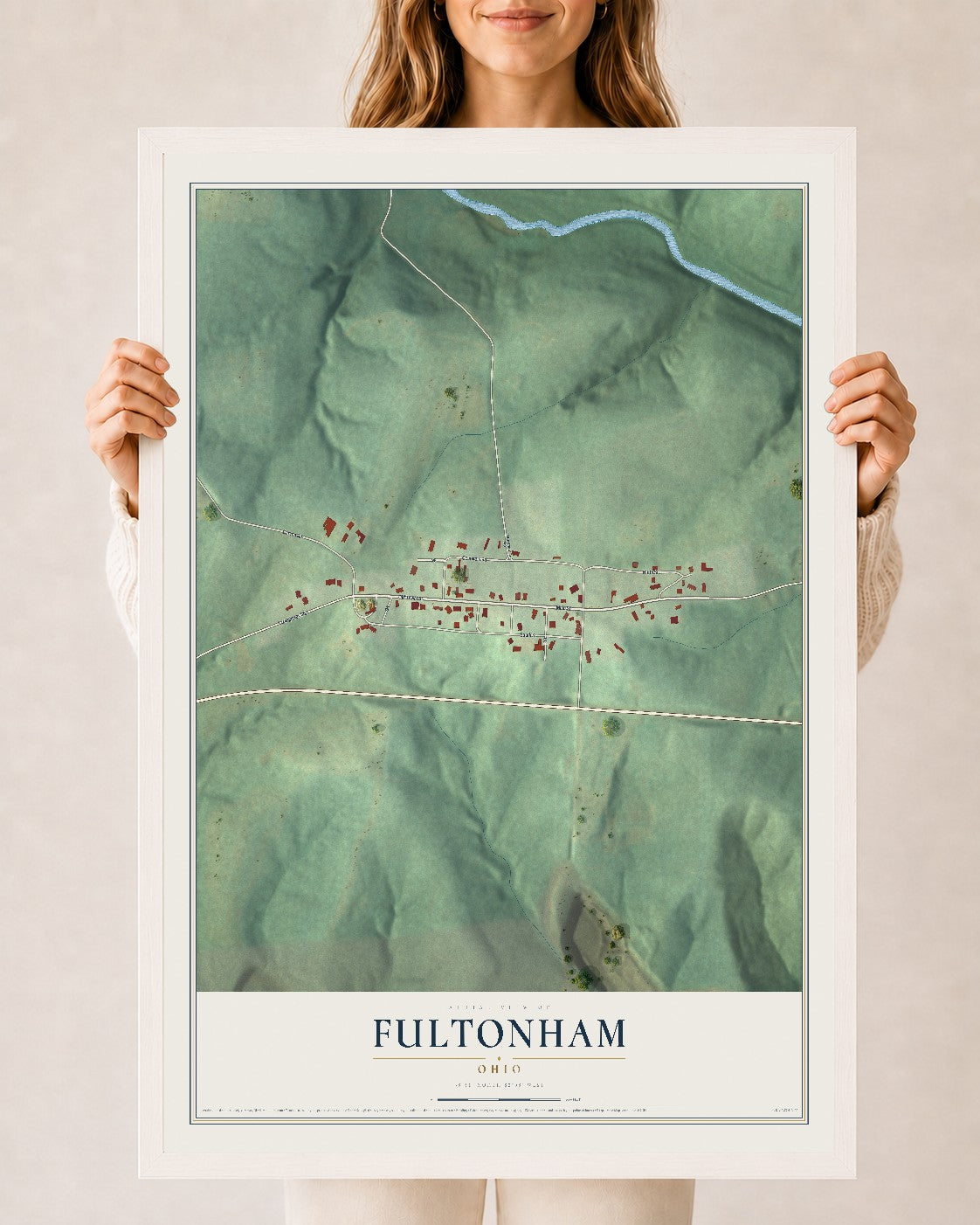 Map of Fultonham, Ohio, 24 x 36 inch print in a white wood frame