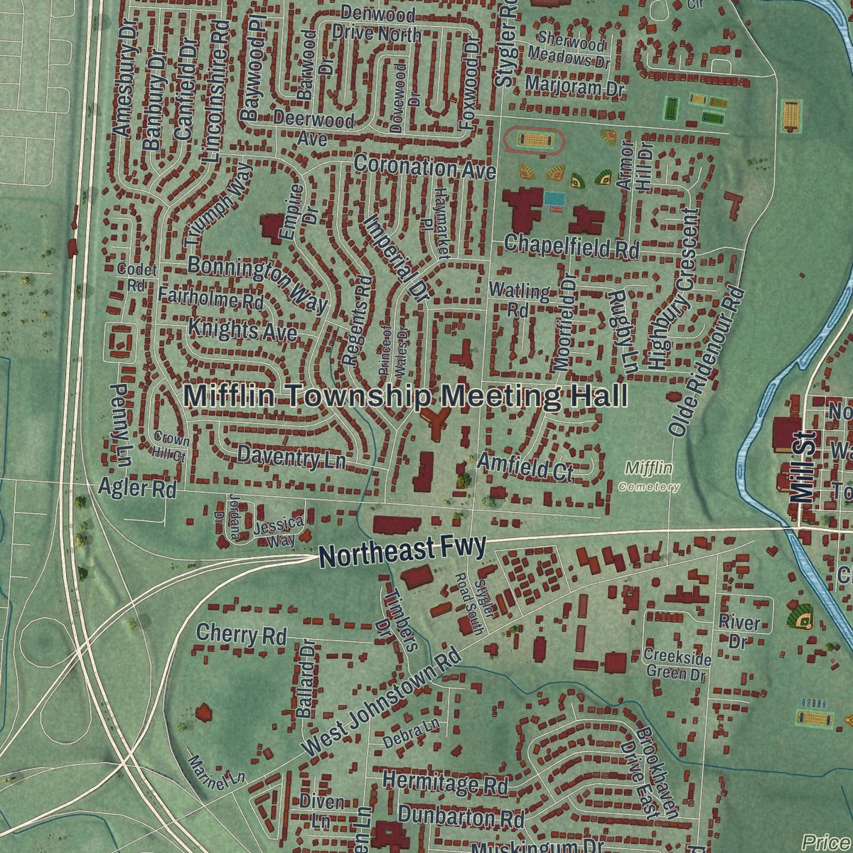Close-up of the map of Gahanna, Ohio print showing street and building detail
