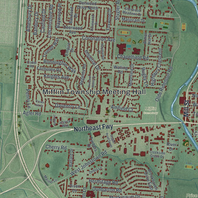 Close-up of the map of Gahanna, Ohio print showing street and building detail