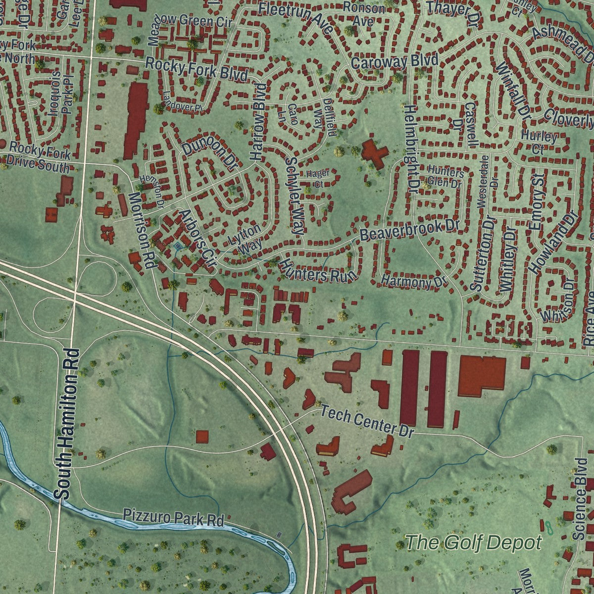Second close-up of the map of Gahanna, Ohio print showing more streets and buildings
