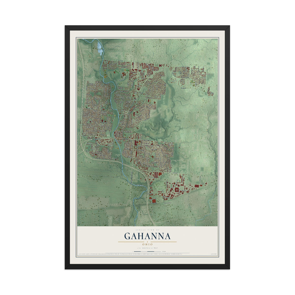 Map of Gahanna, Ohio, 12 x 18 inch print in a black wood frame