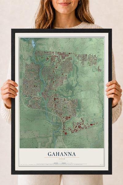 Map of Gahanna, Ohio, 18 x 24 inch print in a black wood frame