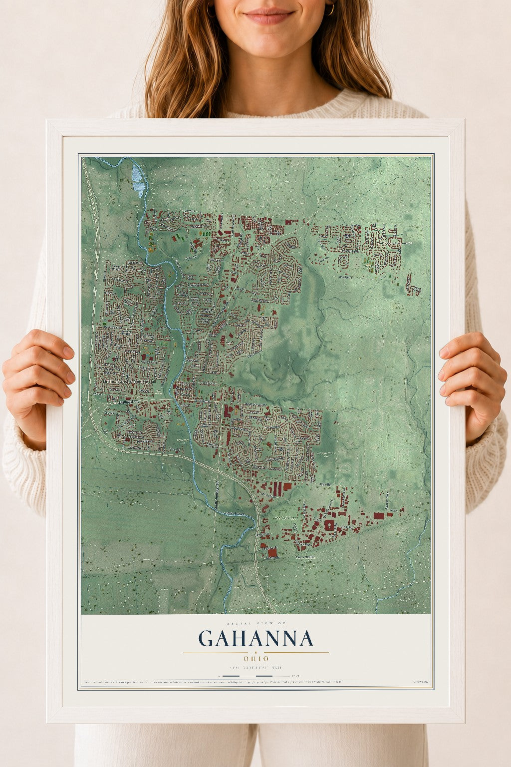 Map of Gahanna, Ohio, 18 x 24 inch print in a white wood frame