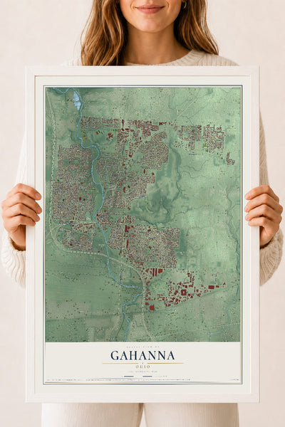 Map of Gahanna, Ohio, 18 x 24 inch print in a white wood frame