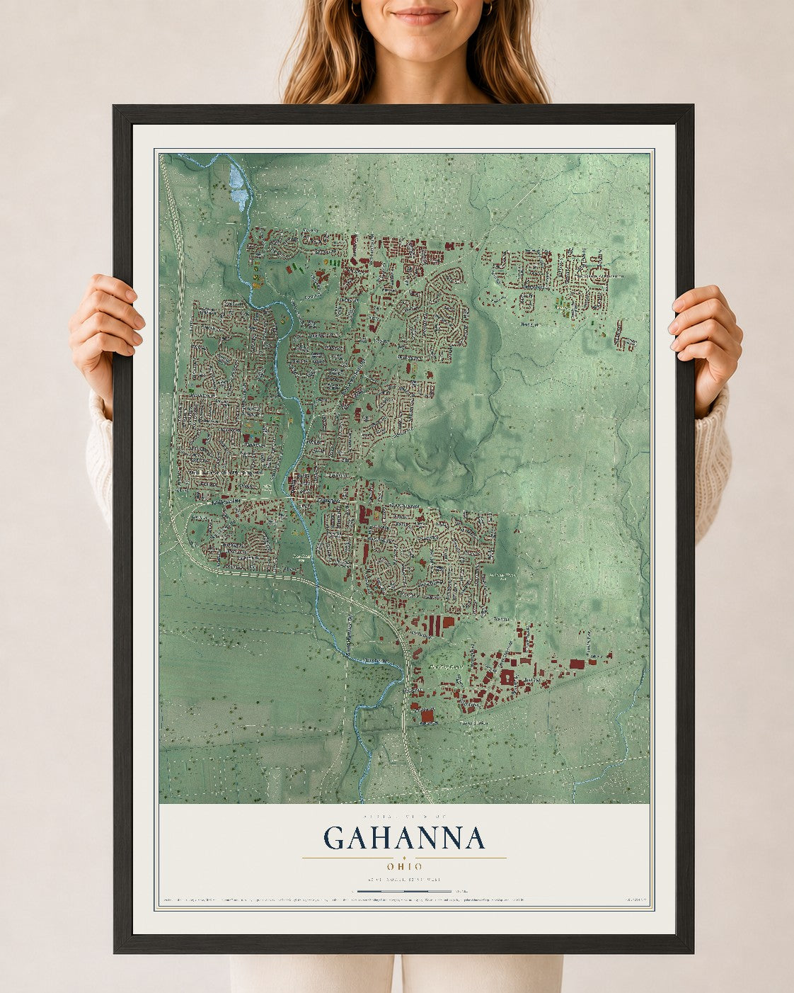 Map of Gahanna, Ohio, 24 x 36 inch print in a black wood frame