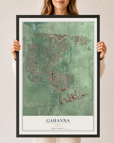 Map of Gahanna, Ohio, 24 x 36 inch print in a black wood frame