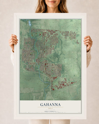 Map of Gahanna, Ohio, 24 x 36 inch print in a white wood frame
