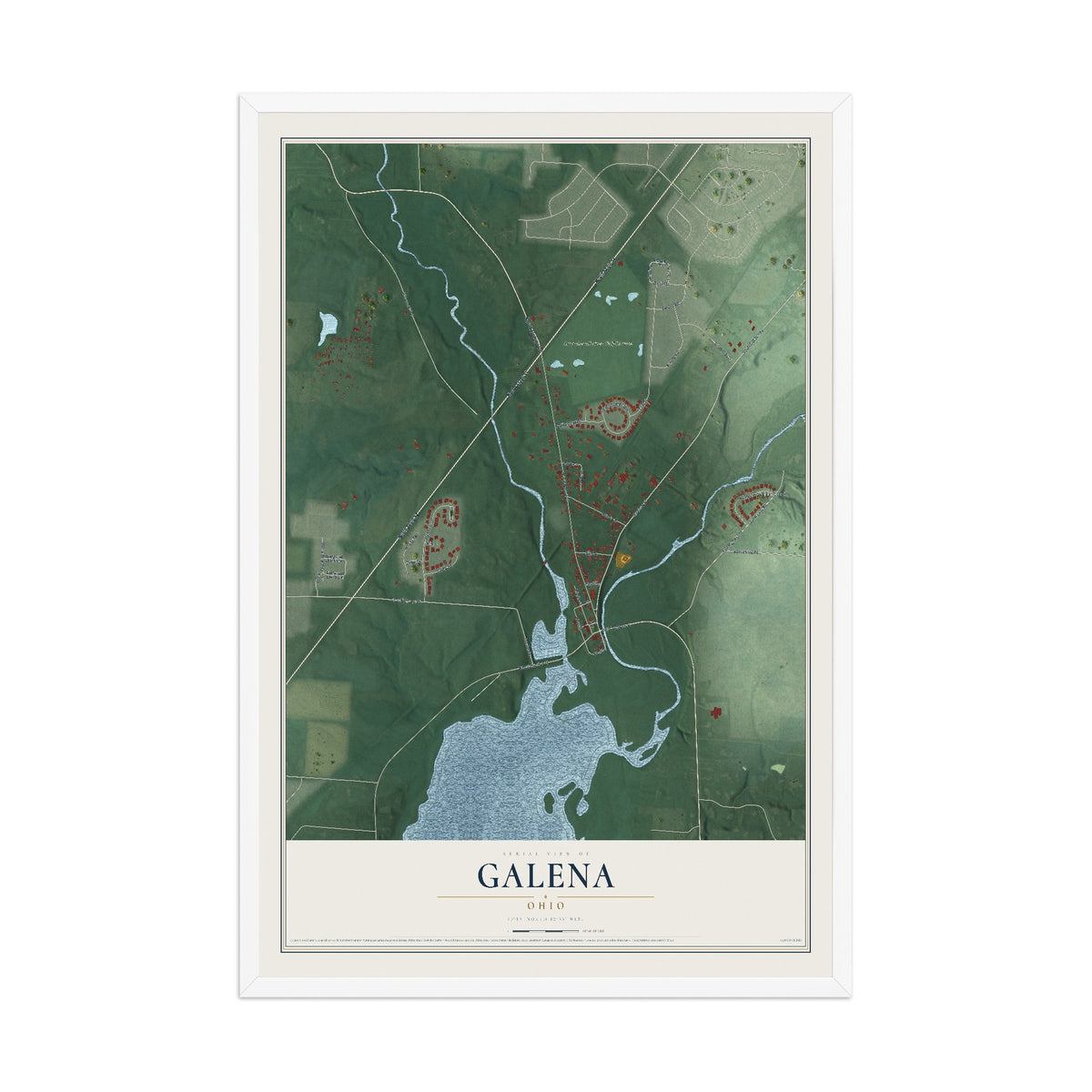 Map of Galena, Ohio, 12 x 18 inch print in a white wood frame