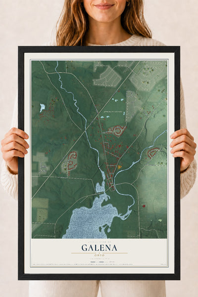 Map of Galena, Ohio, 18 x 24 inch print in a black wood frame