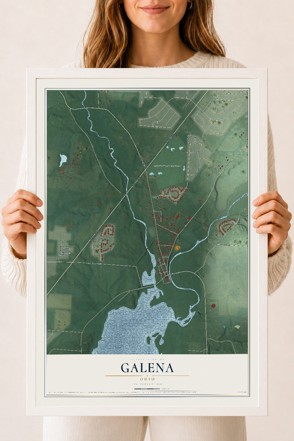 Map of Galena, Ohio, 18 x 24 inch print in a white wood frame