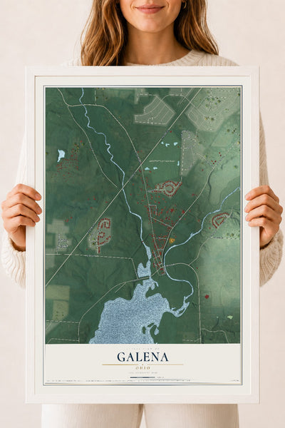 Map of Galena, Ohio, 18 x 24 inch print in a white wood frame