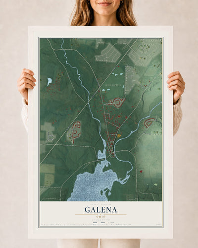 Map of Galena, Ohio, 24 x 36 inch print in a white wood frame