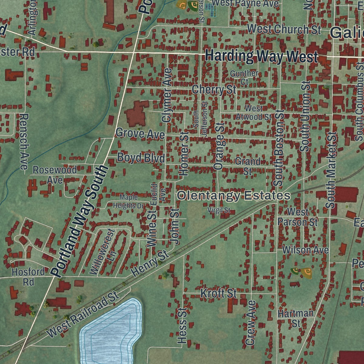 Close-up of the map of Galion, Ohio print showing street and building detail