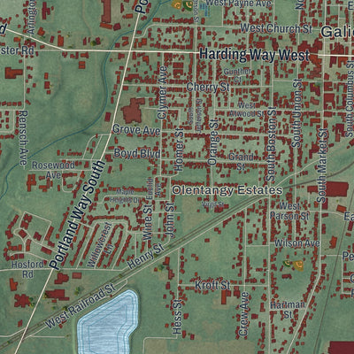 Close-up of the map of Galion, Ohio print showing street and building detail