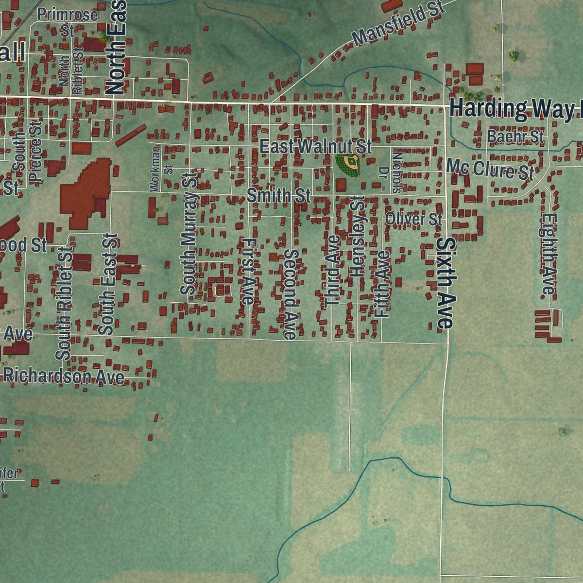 Second close-up of the map of Galion, Ohio print showing more streets and buildings