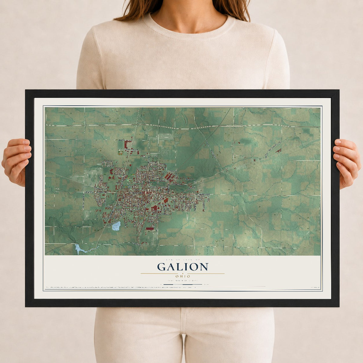 Map of Galion, Ohio, 12 x 18 inch print in a black wood frame
