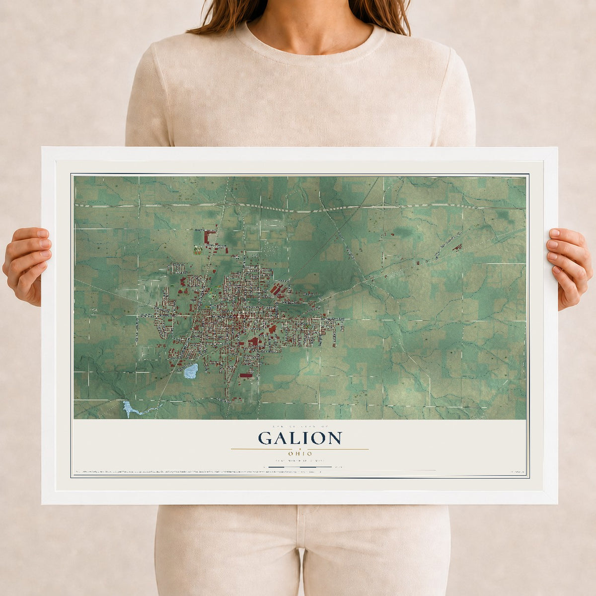 Map of Galion, Ohio, 12 x 18 inch print in a white wood frame