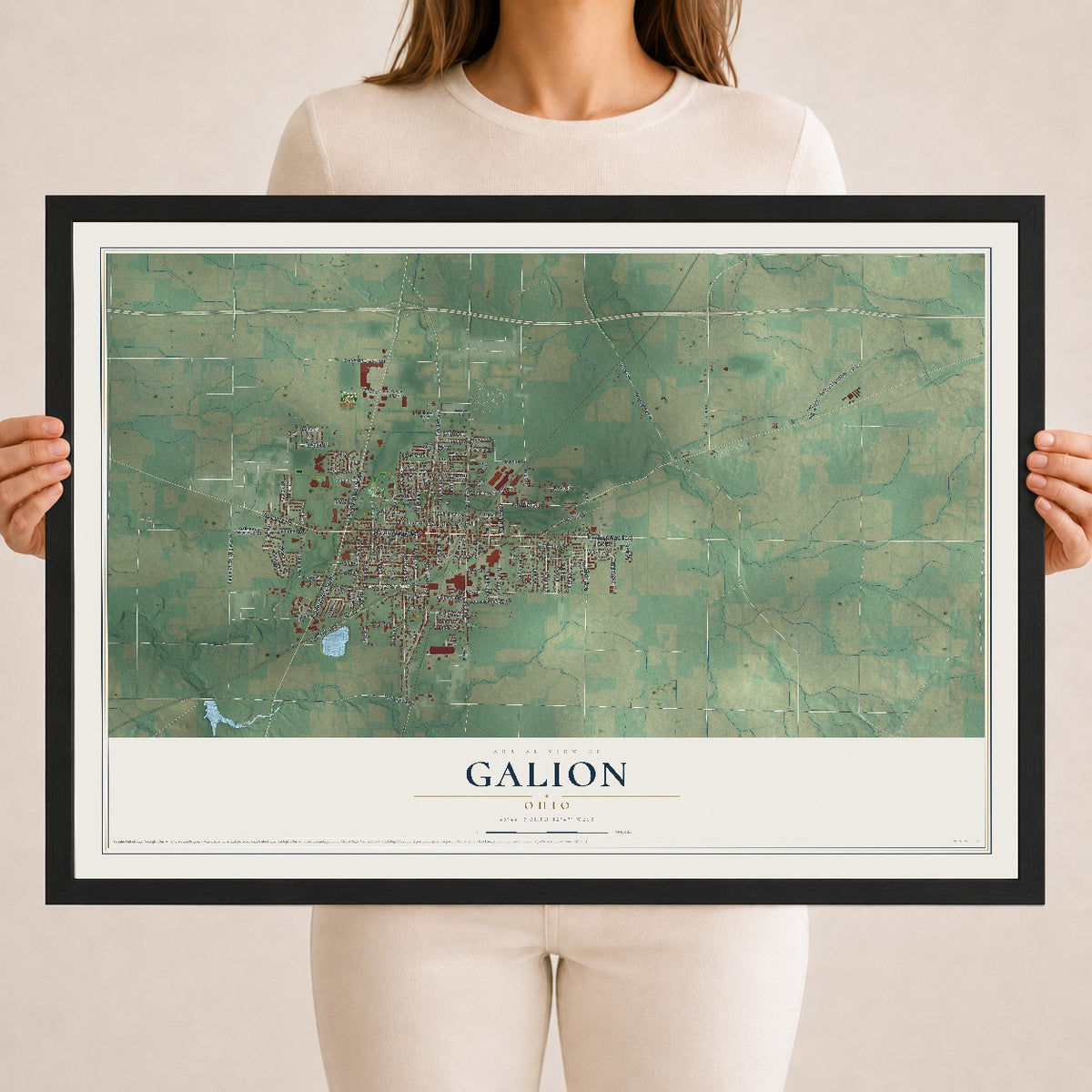 Map of Galion, Ohio, 18 x 24 inch print in a black wood frame