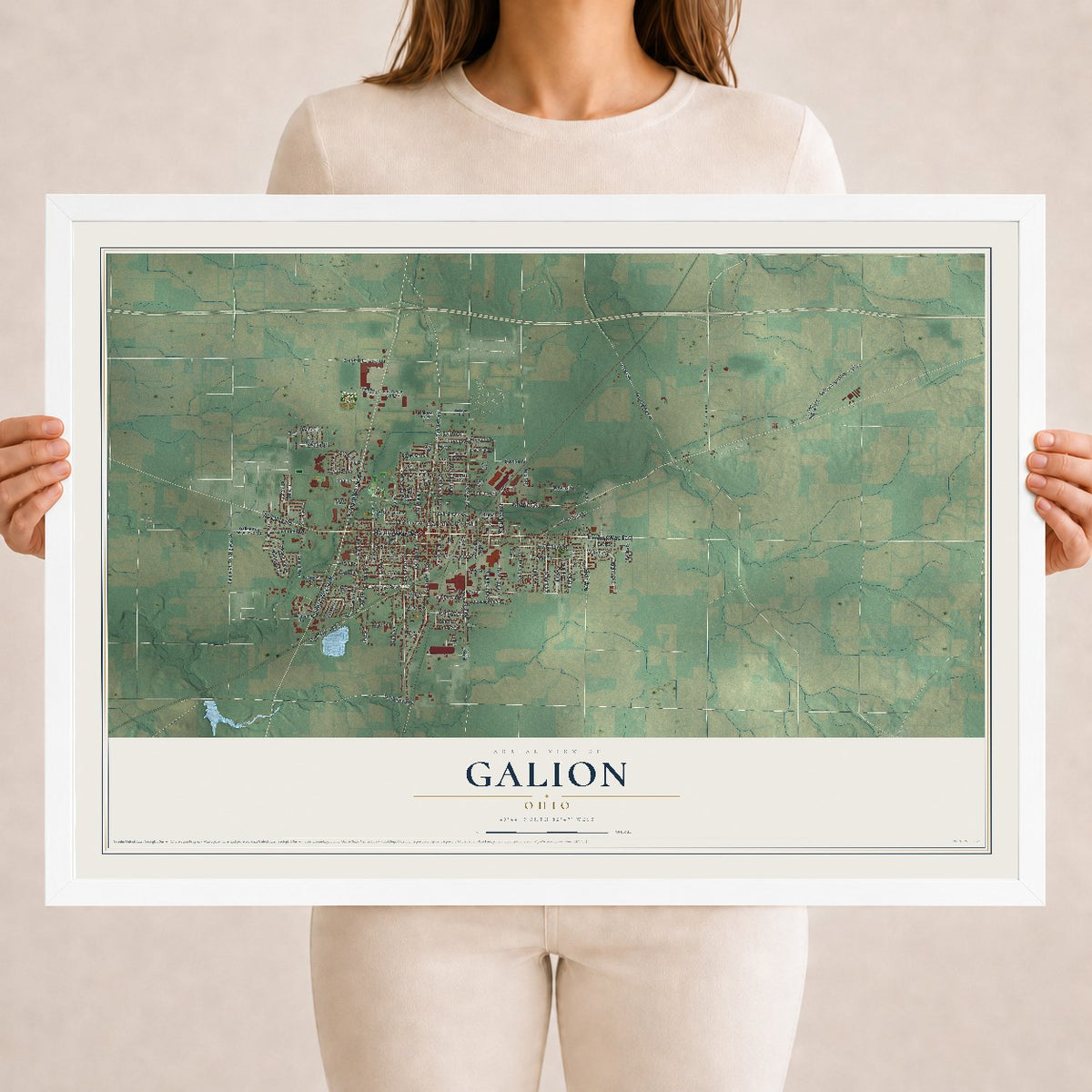 Map of Galion, Ohio, 18 x 24 inch print in a white wood frame
