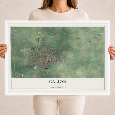 Map of Galion, Ohio, 18 x 24 inch print in a white wood frame