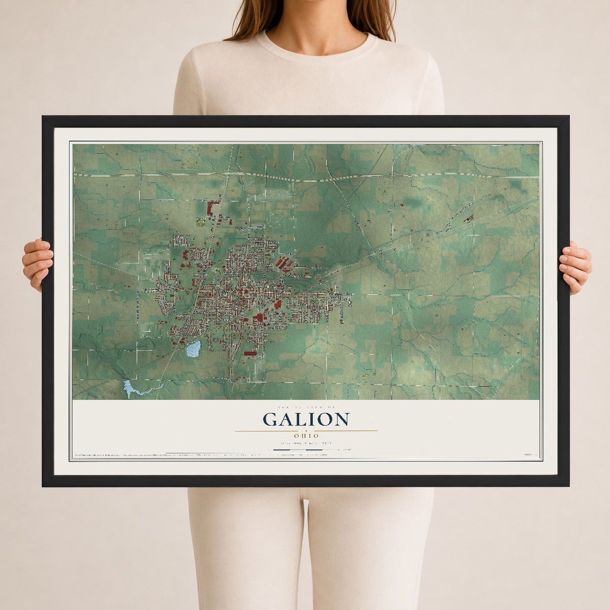 Map of Galion, Ohio, 24 x 36 inch print in a black wood frame