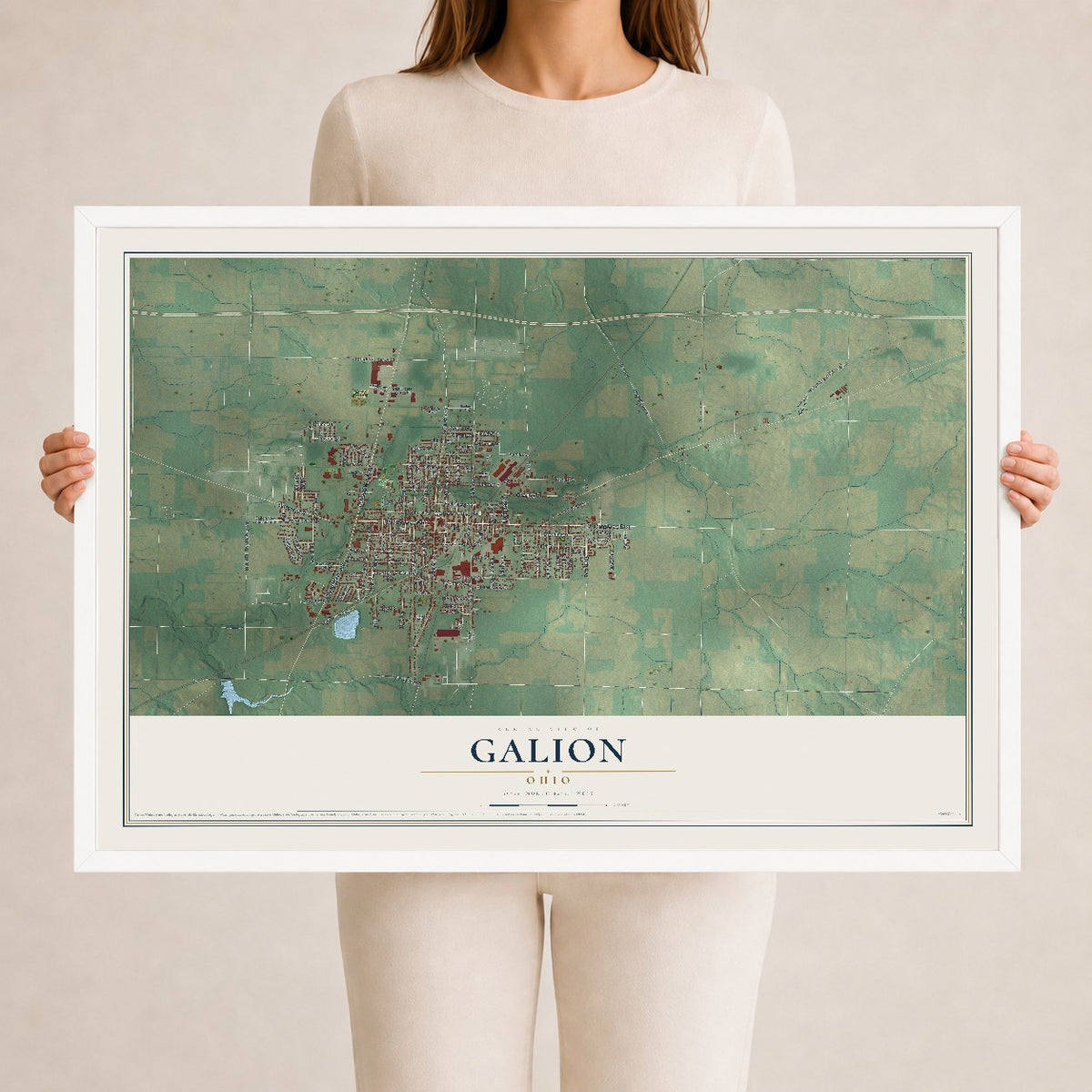 Map of Galion, Ohio, 24 x 36 inch print in a white wood frame