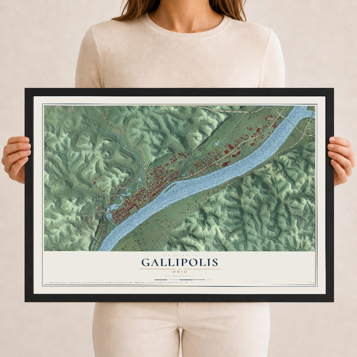 Map of Gallipolis, Ohio, 12 x 18 inch print in a black wood frame