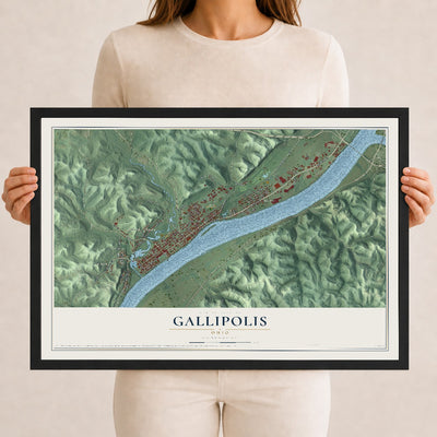 Map of Gallipolis, Ohio, 12 x 18 inch print in a black wood frame