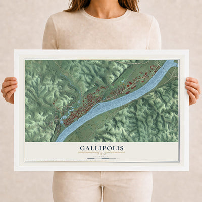 Map of Gallipolis, Ohio, 12 x 18 inch print in a white wood frame