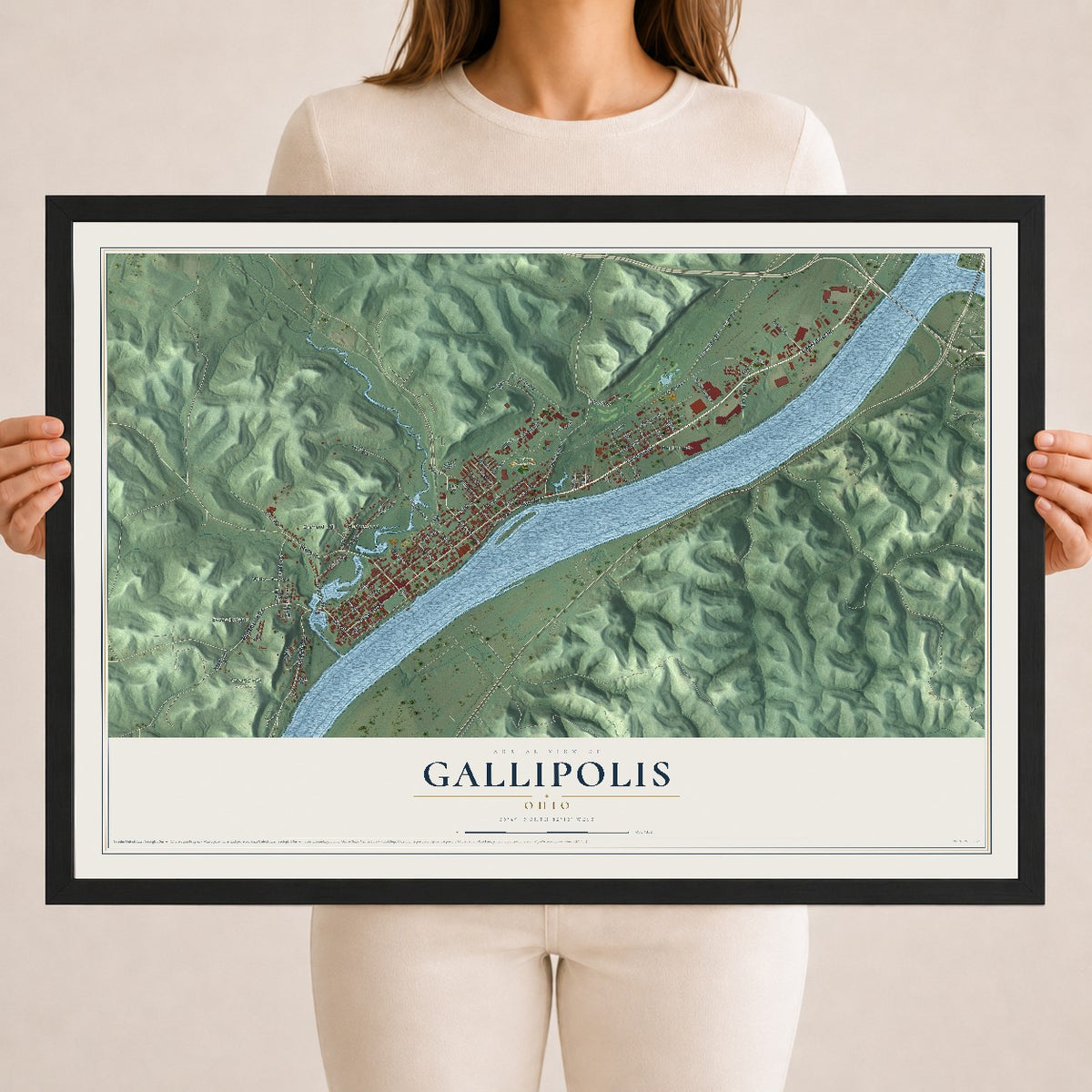 Map of Gallipolis, Ohio, 18 x 24 inch print in a black wood frame