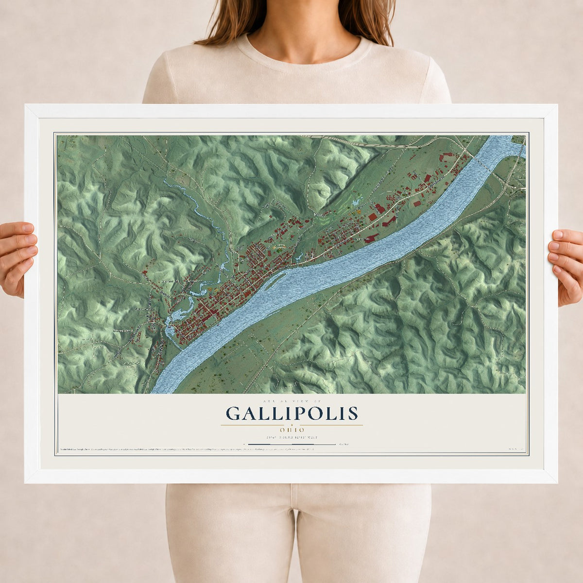 Map of Gallipolis, Ohio, 18 x 24 inch print in a white wood frame