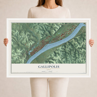 Map of Gallipolis, Ohio, 24 x 36 inch print in a white wood frame