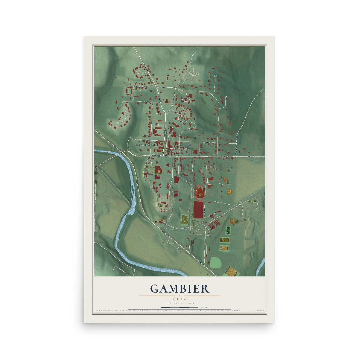 Map of Gambier, Ohio, 12 x 18 inch unframed archival matte print