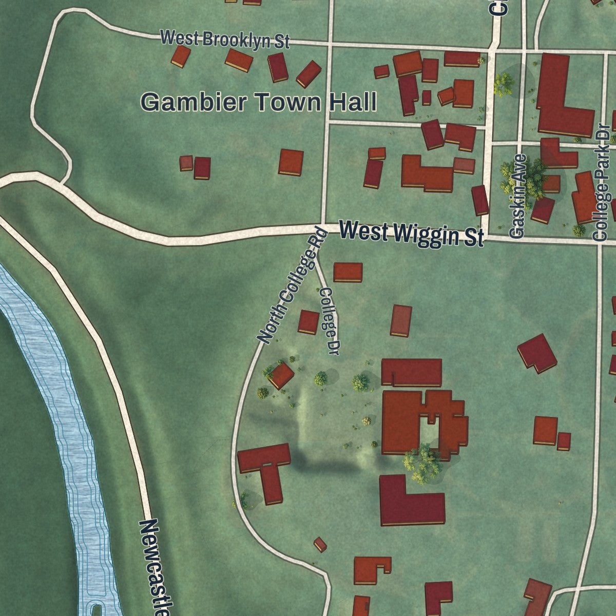 Close-up of the map of Gambier, Ohio print showing street and building detail