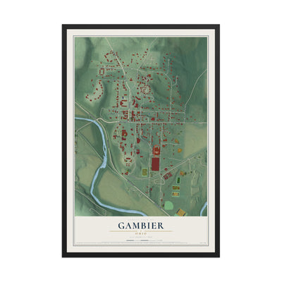 Map of Gambier, Ohio, 12 x 18 inch print in a black wood frame