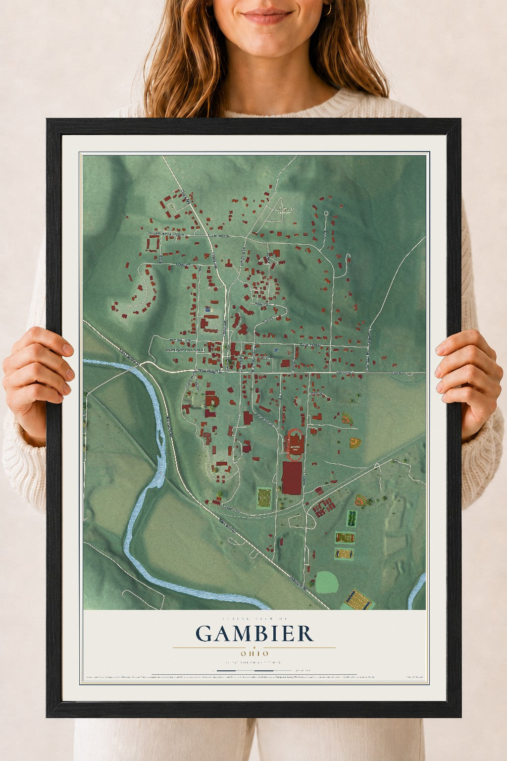 Map of Gambier, Ohio, 18 x 24 inch print in a black wood frame